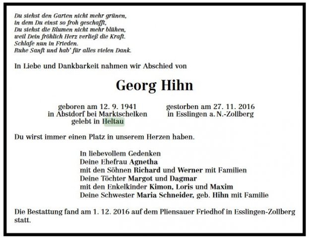 Hihn Georg 1941-2016 Todesanzeige